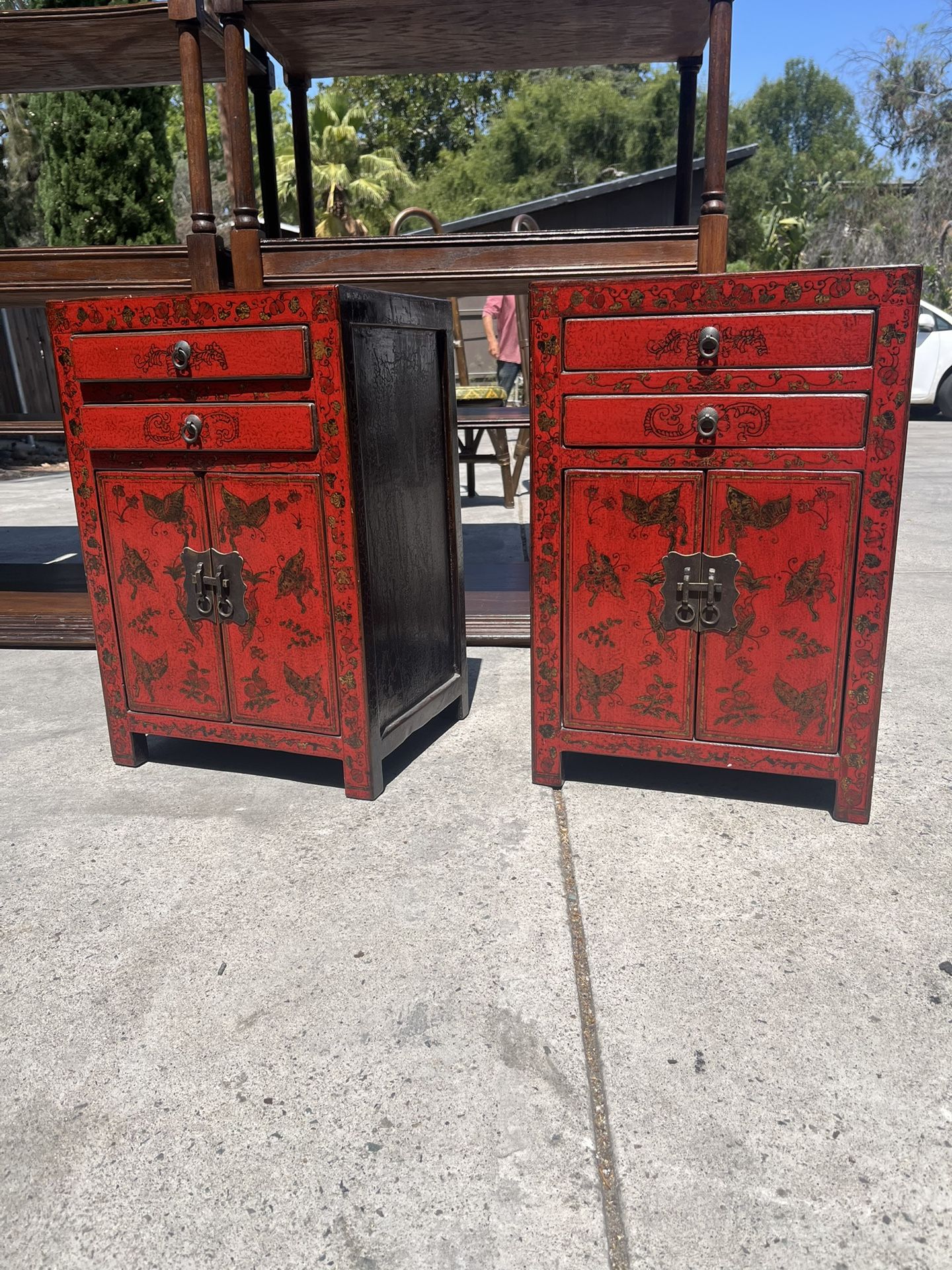 2 Night Stands End Tables Red Black Asian Oriental Vintage