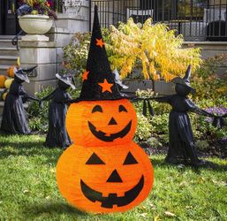 3FT Halloween Collapsible Pumpkin Decorations, Pre-Lit Light Up 50 LED Pumpkin with Star Hat 8 Lighted Mode, Pop Up Jack-o-Lantern with Metal Stand fo