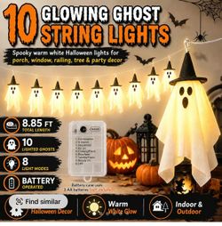Halloween Ghost String Lights, 10 Lighted Hanging Ghosts with Witch Hats, 8.85 ft Battery Operated Warm White LED Garland for Porch Window Railing Tre