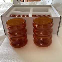 Set of 4 Ninth Calico Amber Bubble  Wavy Glass