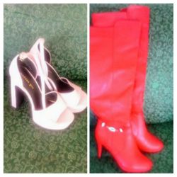 Red High Heeled Boots And Light Pink Platforms Size 10 And 11