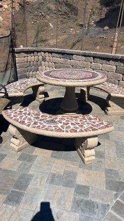 Mosaic Stone Outdoor Table and Bench Set