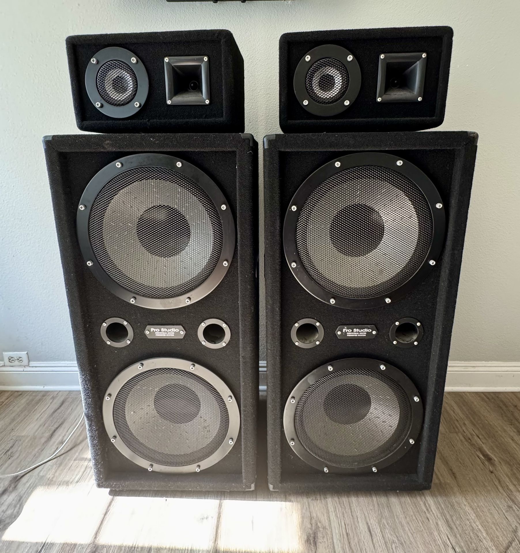 A pair of Pro Studio industrial sound pressure system floor standing speakers.