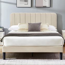 NEW - VECELO Queen Size Upholstered Bed Frame with Adjustable Headboard, Velvet Platform Bedframe Mattress Foundation, Strong Wood Slat Support, No Bo