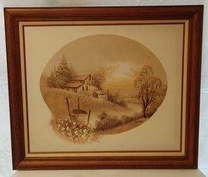 Vintage Rustic Oil Painting of Barn in Forest Trees 