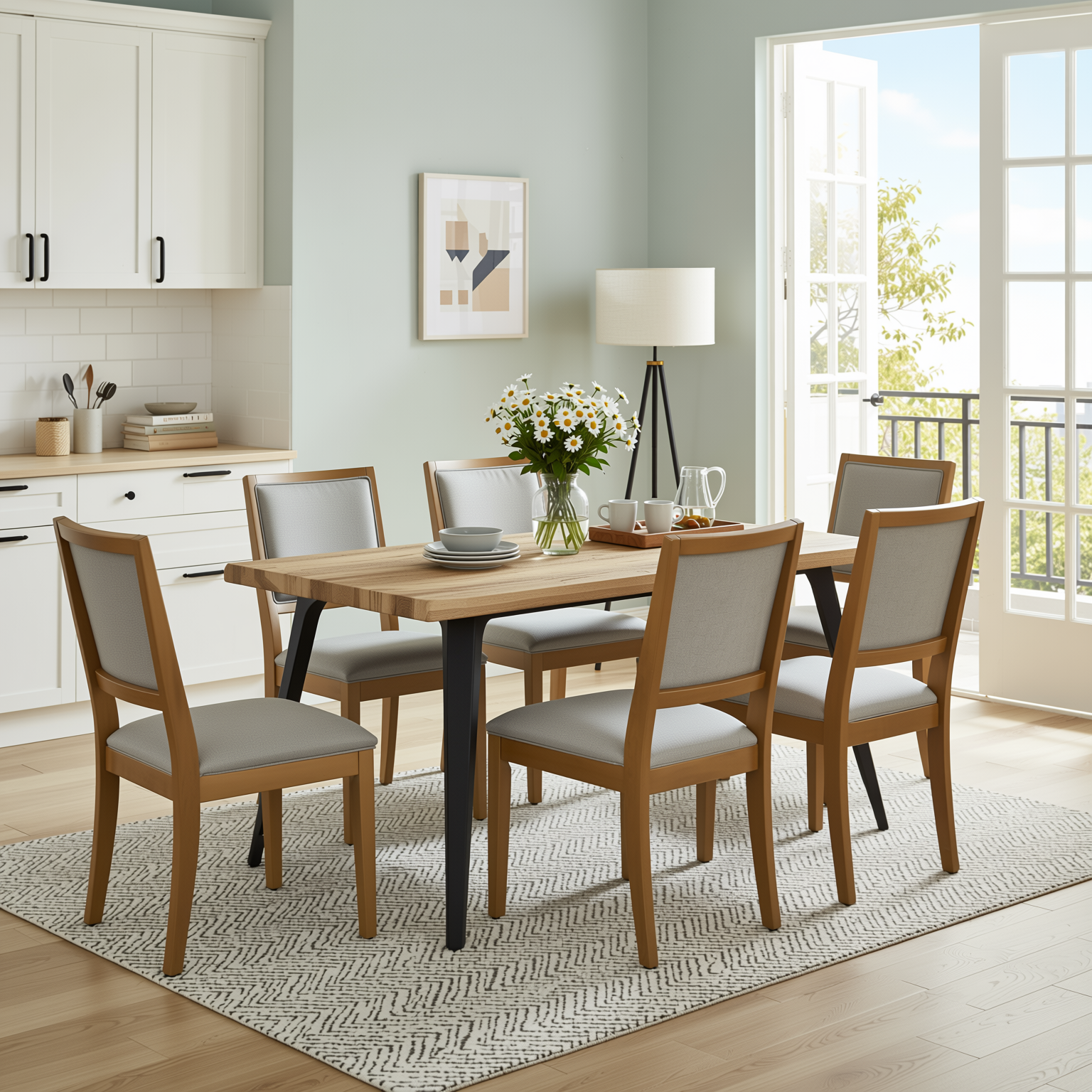 Homy Casa LANCELOT 7 Piece Walnut 63" Dining Table Set with 6 SIGET Upholsted Chairs