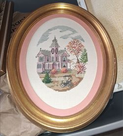 Framed Cross Stitch Victorian House Needlework