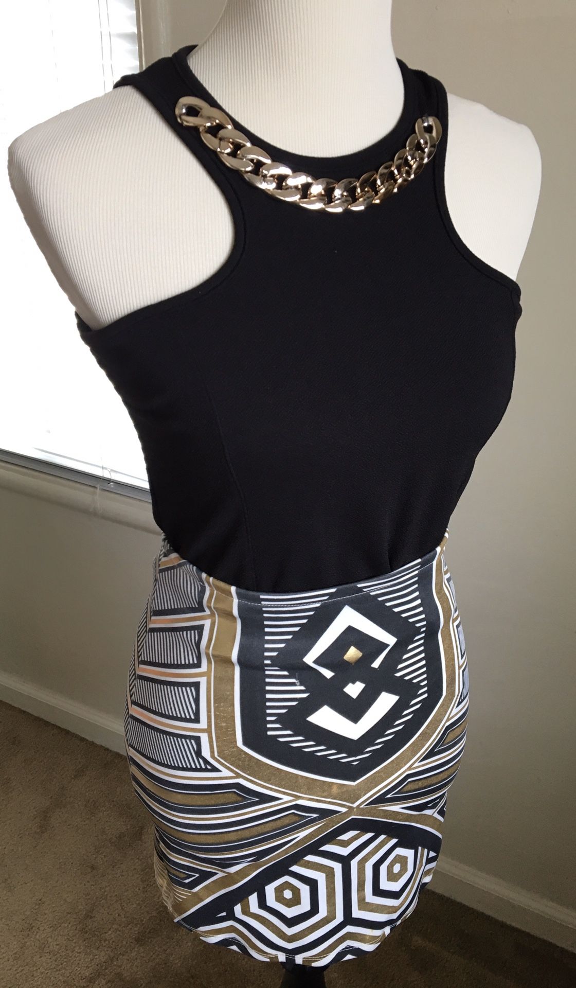 Gold Black Metallic Geometric Mini Skirt