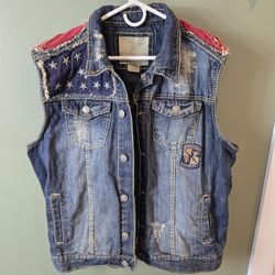 DISTRESSED XL POCKET DOWN SMOKE RISE JEANS DENIM VEST STARS AND STRIPED AMERICA
