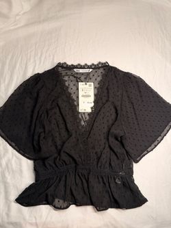 Zara Black Sheer Lace Peplum Blouse – NWT Size S