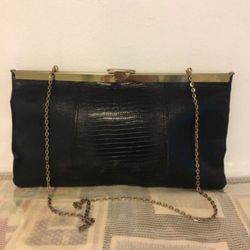 ETRA Vintage Clutch Purse Snake Print Leather Gold Chain  Black