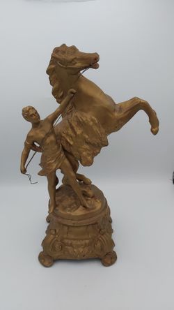 Beautiful Vintage 14" Cast Metal Horse & Handler Sculpture 