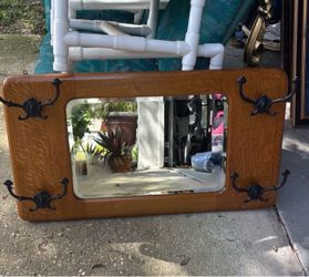 Vintage Oak Wall Mirror with cast iron Coat Hooks