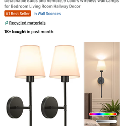 NIORSUN Battery Operated Wall Sconce Set of 2,Black Rechargeable Wall Lights with 5200mAh Dimmable Detachable Bulbs and Remote, 9 Colors Wireless Wall