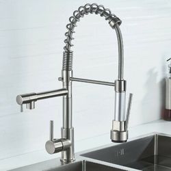 Brushed Spring Pull Down Kitchen Sink Faucet Hot & Cold Water Mixer Crane Tap
