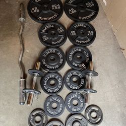 Olympic Weights with Olympic Curling Bar and Dumbbells Bar