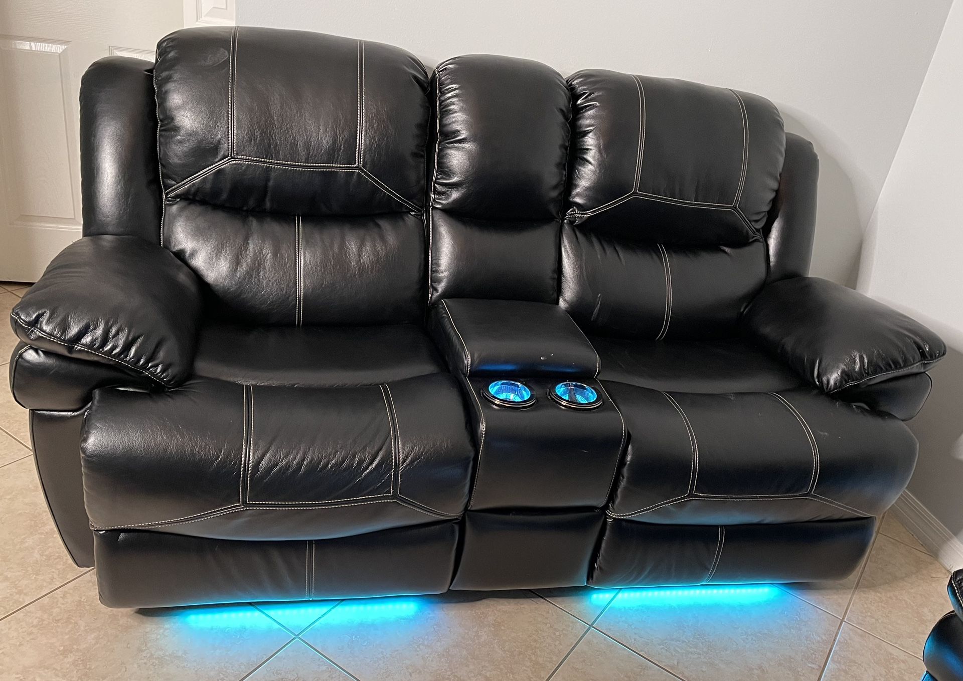 Reclining Sofa With LED lights And Cup holders And Charging Port Inside Of Armrest