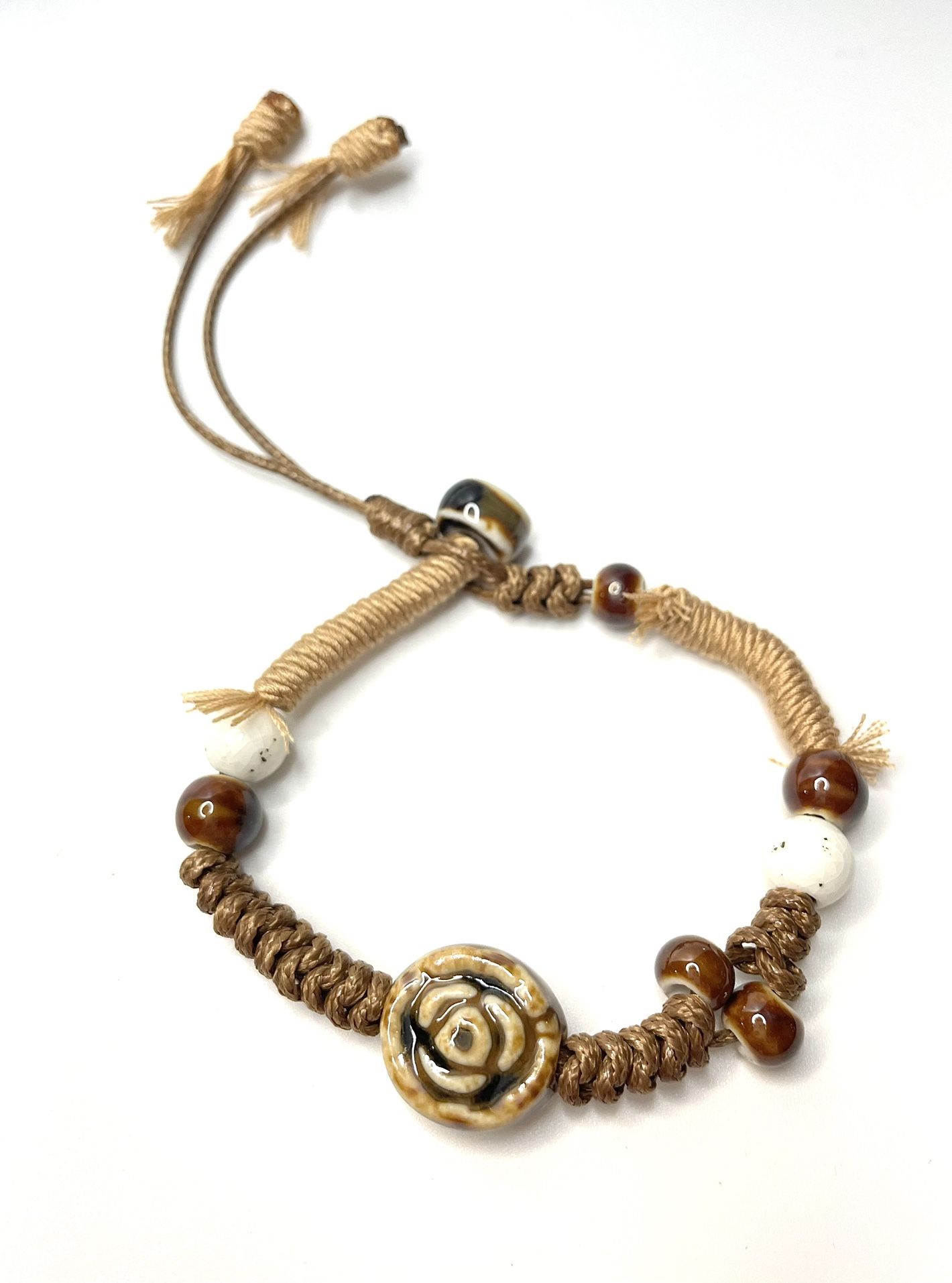 Brown fringe Bracelet beaded Tan white ceramic rose light shag look