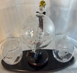 Shannon Crystal Globe&sailboat Decanter W/2 Rocks Glasses&wood Stand.