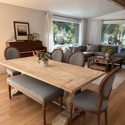 4 Blue Upholstered Dinning Chairs & Matching Bench 
