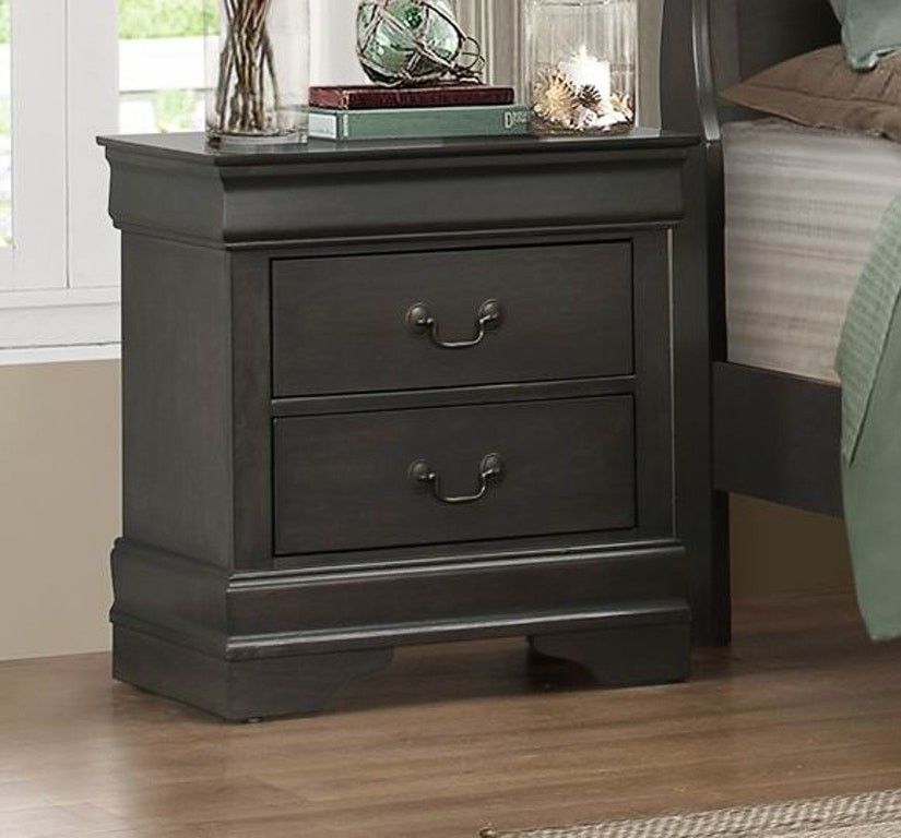 Brand new stained grey queen sleigh bedframe + dresser + mirror + nightstand