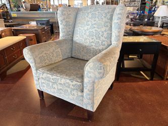 High-Back Wingback Armchair in Blue and Cream Floral Damask