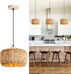 New 12” Hand-Woven Rattan Pendant Light with Wickel Shade Boho,Coastal Adjustable Cable Dimmable