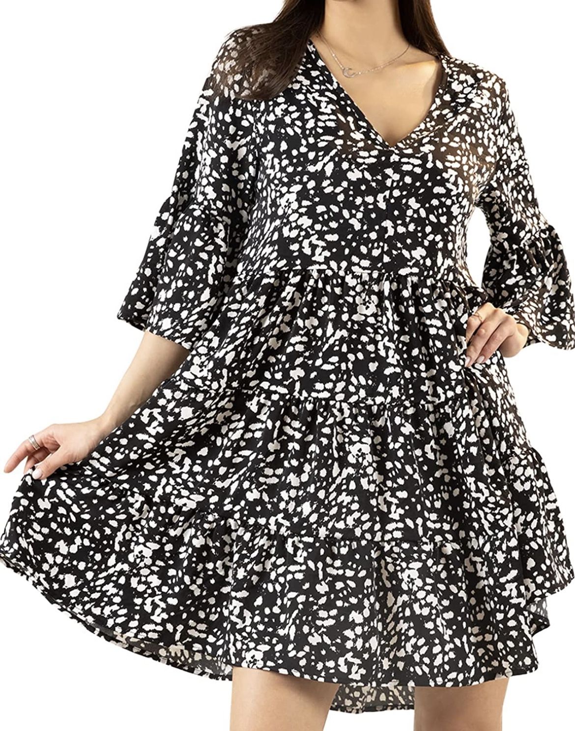 Women's Baby Doll Dress Tunic Flowy V Neck Shift Mini Casual (L/XL)