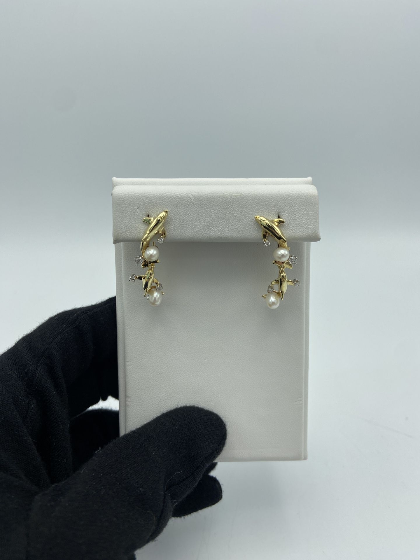 18kt Yellow Gold Pearl and Diamond Dolphin Earrings