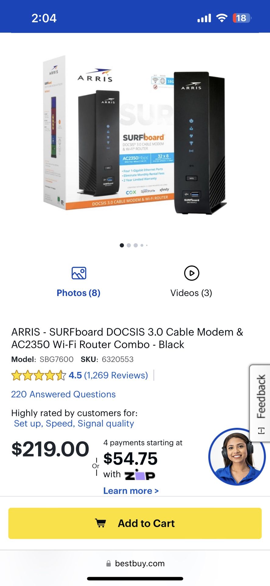 ARRIS Surfboard SBG7600AC2 Cable Modem WiFi Router Black With Cord