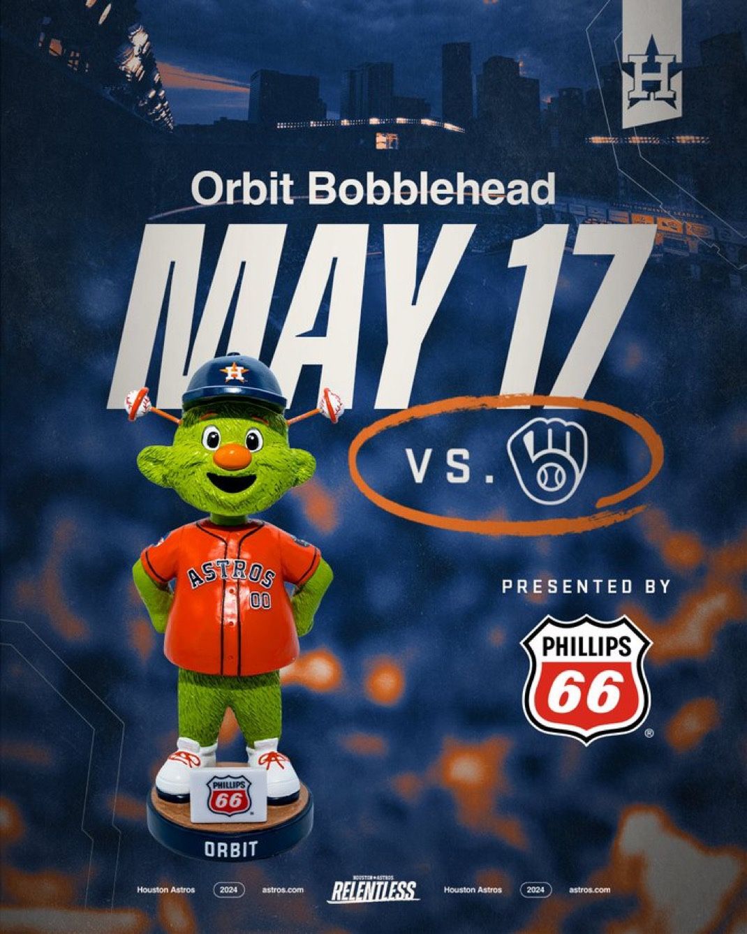 Houston Astros Orbit 2024 Bobblehead SGA Mascot Orange Jersey 5/17