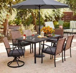 New in box 7-Piece Patio Dining Set for 6, Outdoor Dining Set with Wicker Swivel Patio Dining Chairs with Cushions & Black Rectangular Woodgrain Dinin