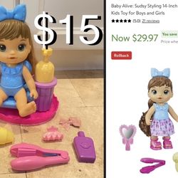 $15 Baby Alive: Sudsy Styling 14-Inch Doll with accesories !  