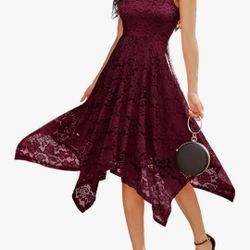S, Meetjen Women's Lace Cocktail Party Dress 2025 Handkerchief Hem Bridesmaid Prom Formal Dresses for Wedding Guest, Burgundy

