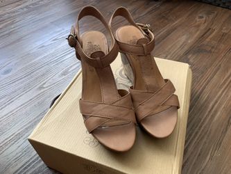 Women Nine West Tan Leather Straps Wedge Sandal 7.5