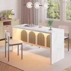 1865a  59" Large Imitation Marble Dining Table for 4-6 People - Faux Marble Dining Tablee with Adjustable Lights,Faux Marble Dining Table with Grille 