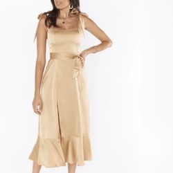 NWT Show Me Your Mumu Claire Midi Dress True Gold / Champagne Lux Satin Dress Size Small
