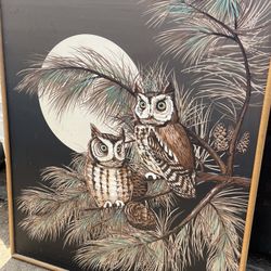 vintage oil painting on canvas by the artist R. Delongprie, depicting two owls on a tree branch with a moon in the background