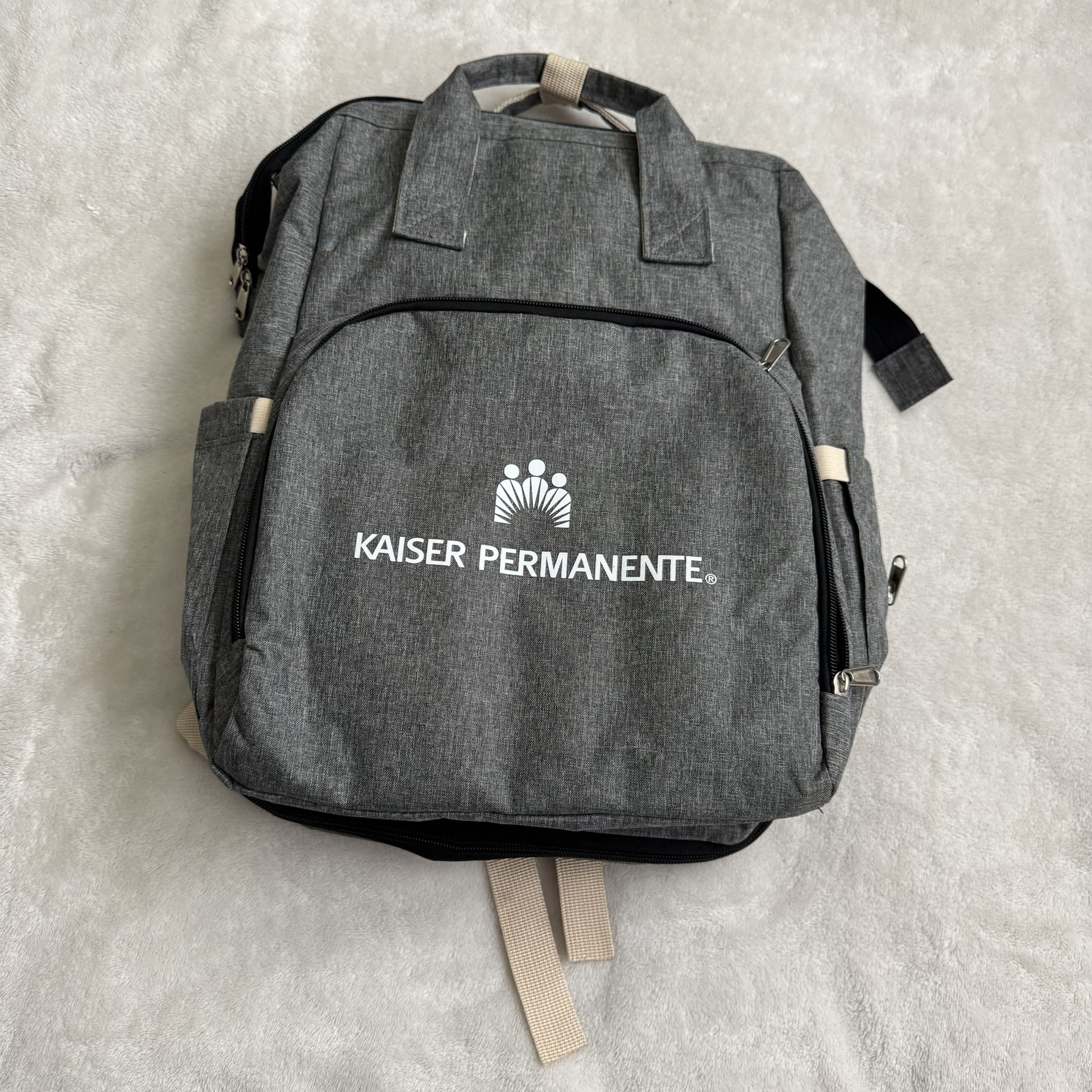 Kaiser Permanente Gray Backpack Diaper Bag W/ Changing Compartment & Pockets