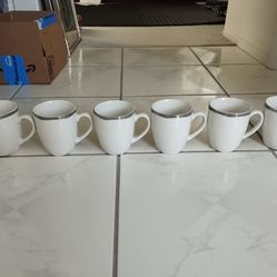 Set of 6 White Mugs with Silver Trim