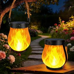 Solar Lanterns Outdoor Waterproof, Flickering Flame Hanging Lanterns Decorative Outdoor with 2 Modes, Dual Charging USB & Solar-Powered Outdoors Lante
