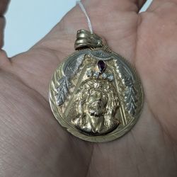 Yellow Gold 14kt  12g Ruby &  .15ctw Diamond Jesus Pendant 