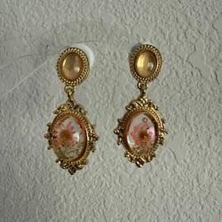 Women’s Vintage Pink And Gold Flowers Drop Earrings 