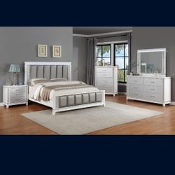 Brand New 4 Pcs Bedroom Set 
Includes Bed, 1 Night Stand, Dresser & Mirror
White Color 
Solid Wood 
Crystal Diamond Drawers 
Diamond Knobs 
Smooth Dra