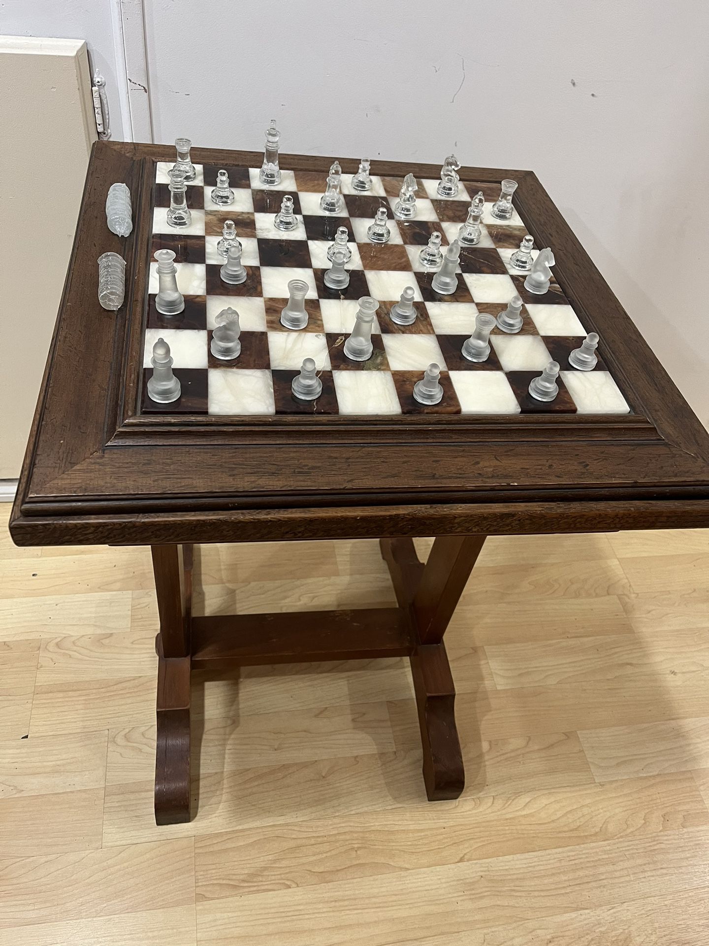 Wooden Chess Table/ Side Table W/ Elegant Marble Chess Board 