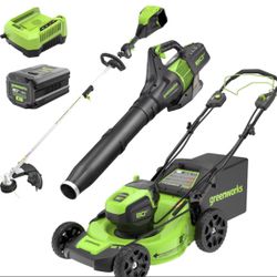 Greenworks 80-volt Cordless Battery Lawn Mower, String Trimmer & Leaf Blower
