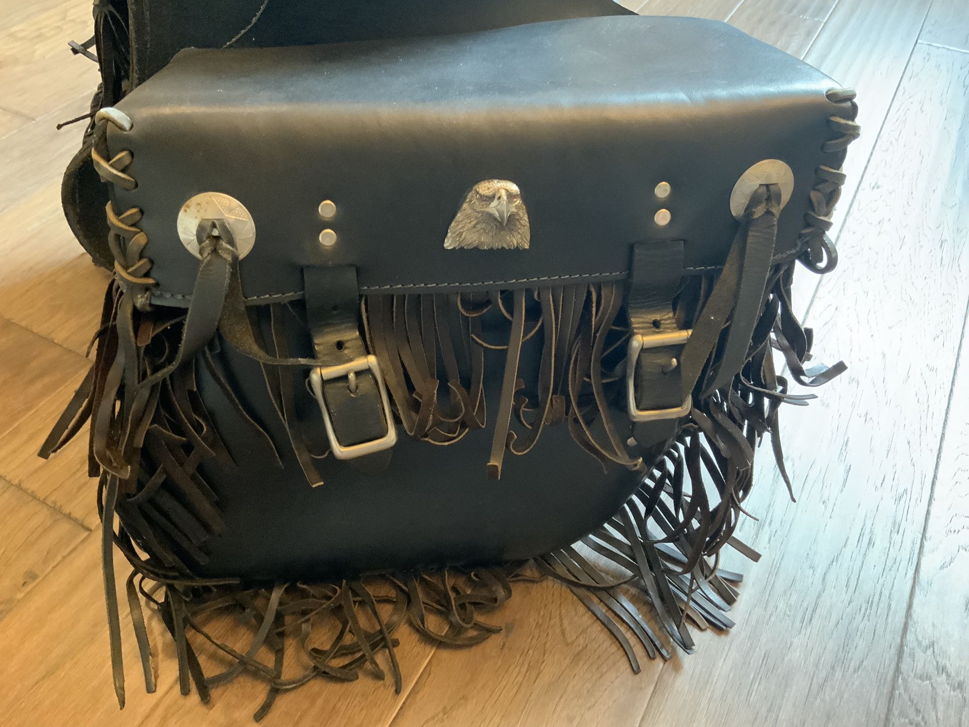 Vintage Black Leather Motorcycle Saddle Bags with Fringe & Eagle 