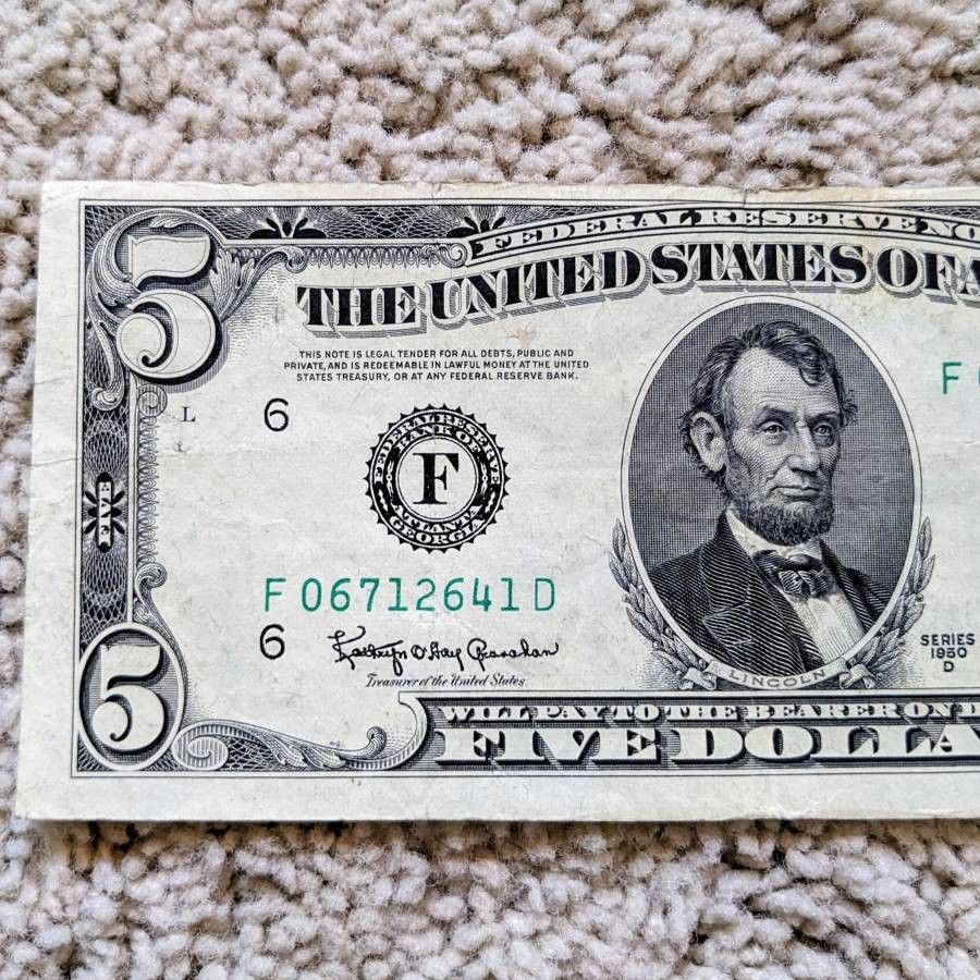 1950-D vintage small face $5 bill old US paper money bank note American currency