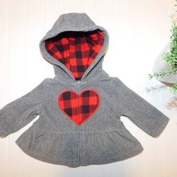 Carter's Baby Girls Newborn Gray Fleece Red Buffalo Plaid Heart Jacket