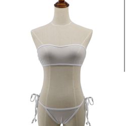 ONE SIZE WHITE SHERRYLO Sheer Micro Bikini Swimsuit Mini Brazilian Thong Bottom Extreme See Through Bikinis, Bandeau Top, Mesh Bathing Suit